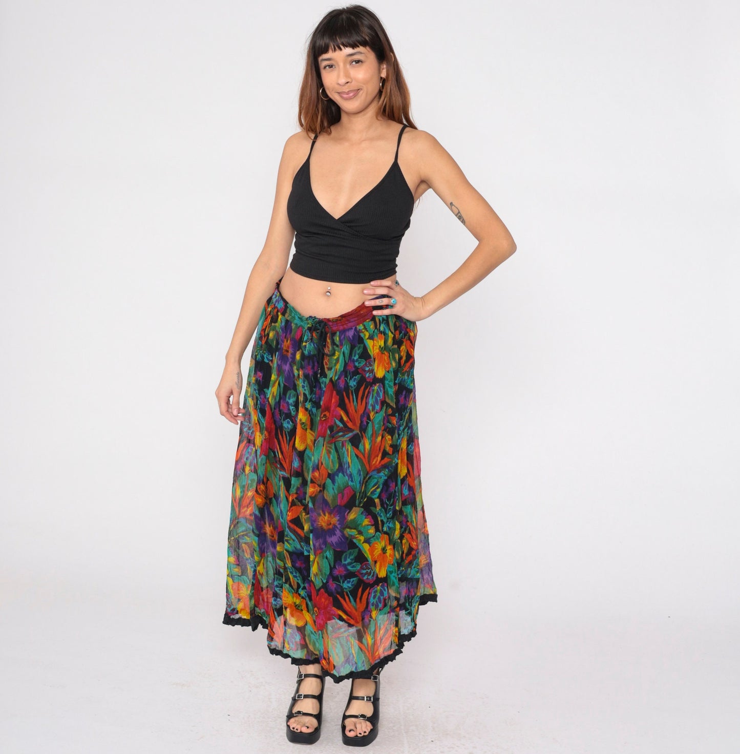 90s Tropical Floral Maxi Skirt Pleated Drawstring Waist Cotton Small Medium Large