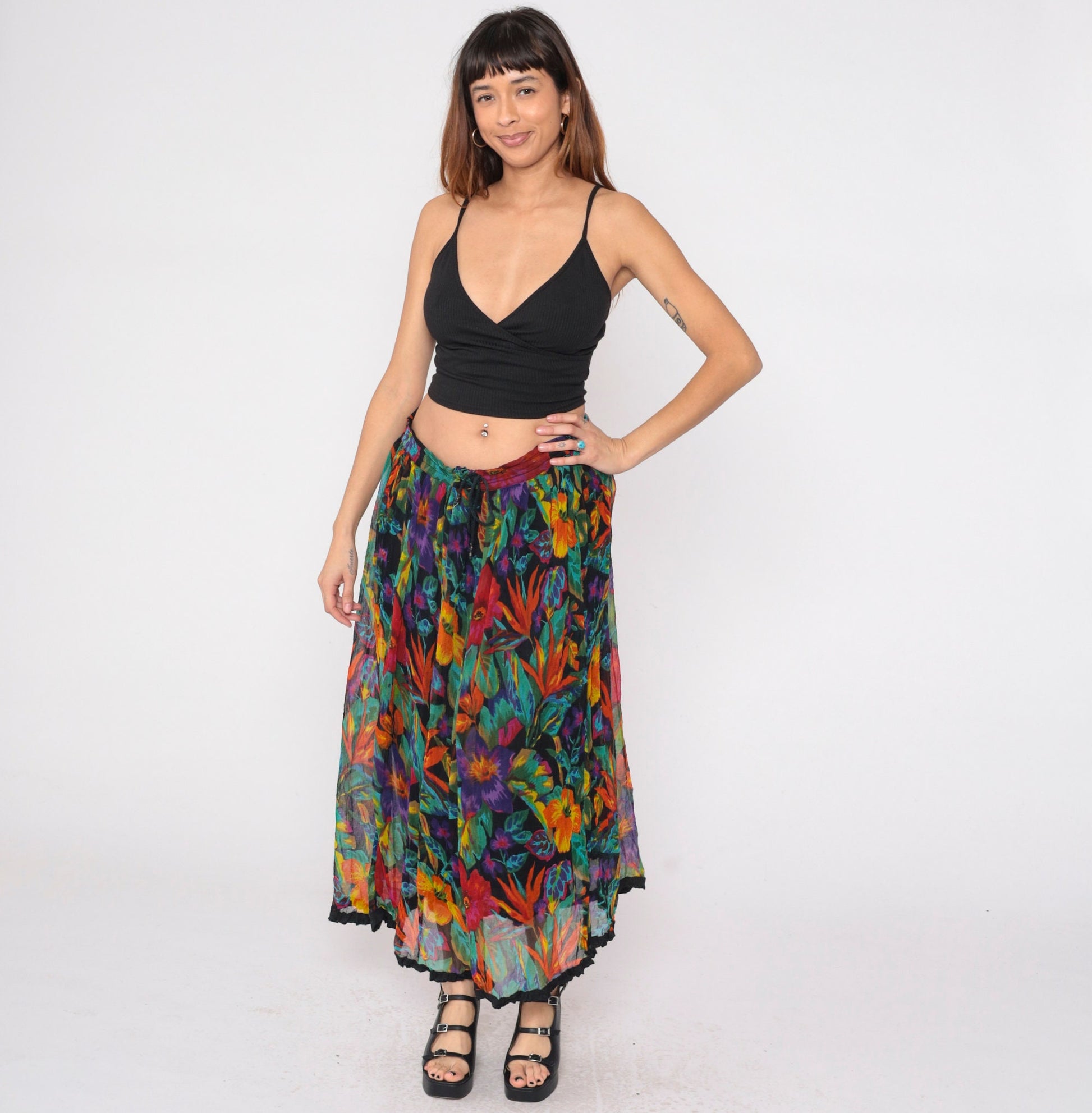 90s Tropical Floral Maxi Skirt Pleated Drawstring Waist Cotton Small Medium Large