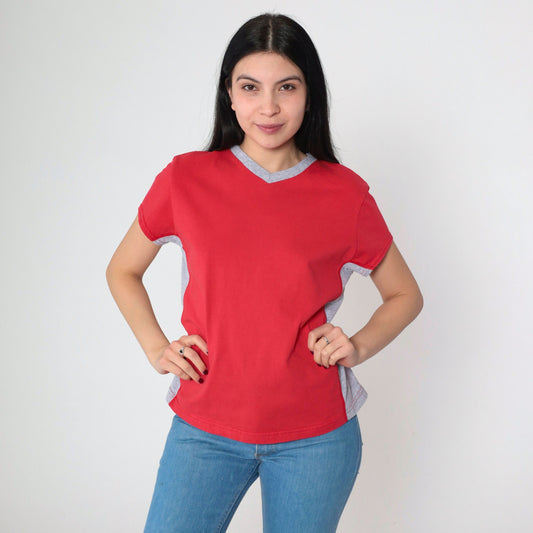 90s Bike Ringer T-Shirt Red Grey Striped V-Neck Cotton Tee Medium