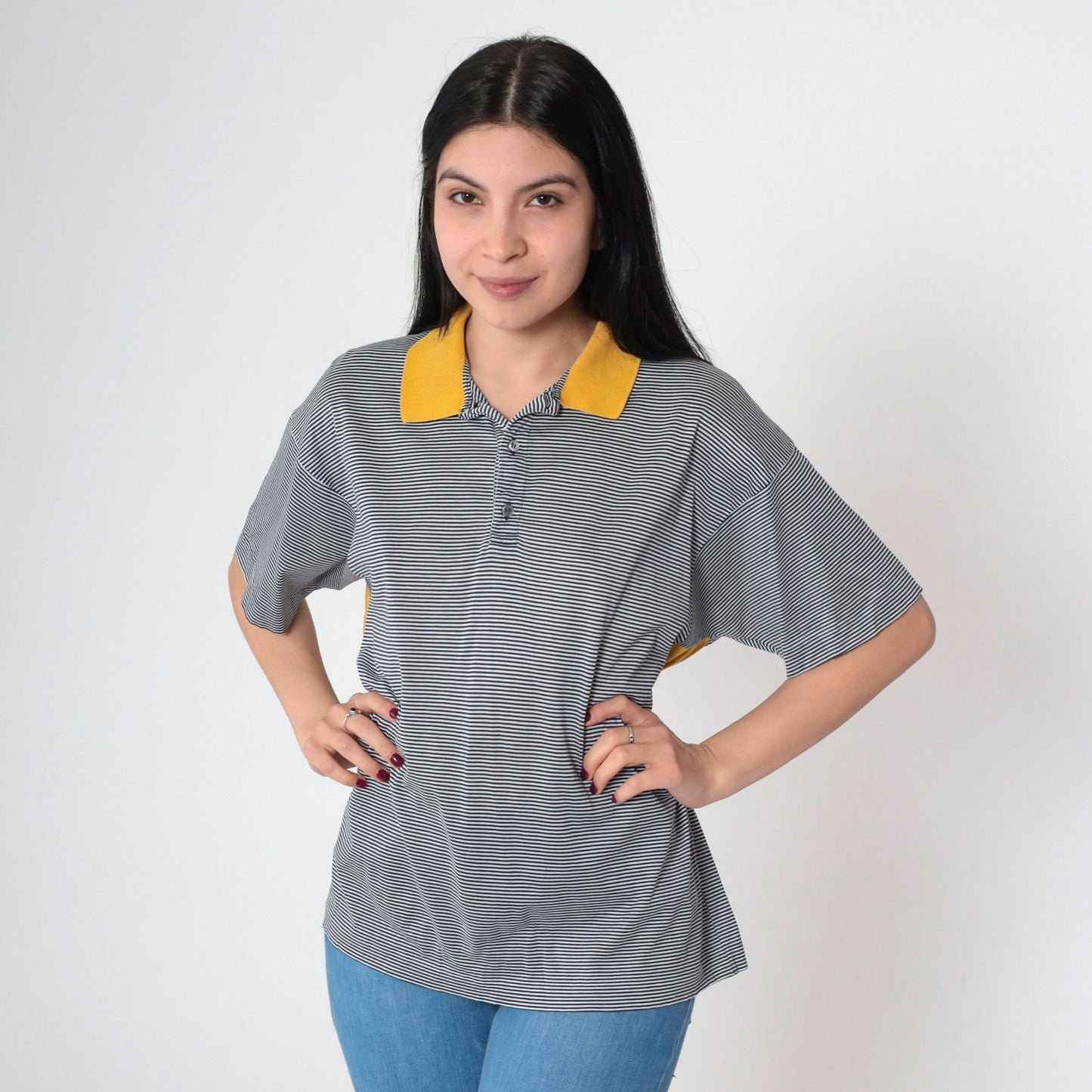 90s Della Rovere Polo Shirt Navy Striped Yellow Collar Quarter Button Large