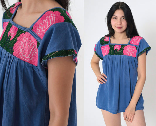 90s Mexican Embroidered Floral Blouse Blue Cap Sleeve Tunic Small