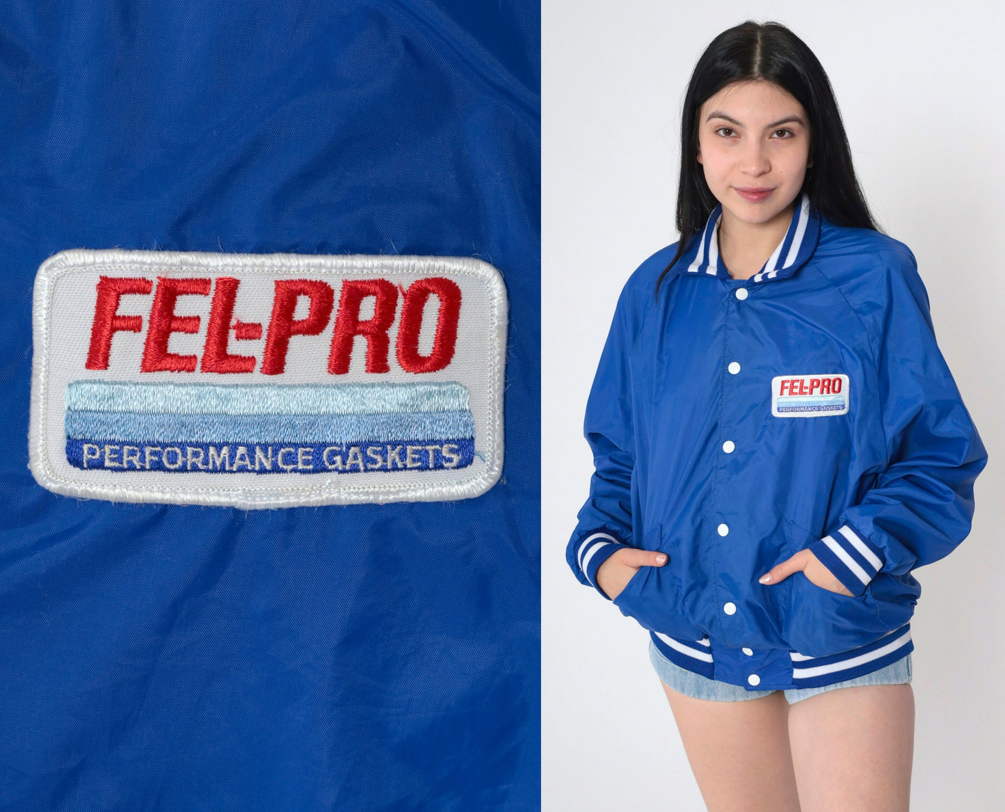 90s Fel-Pro Performance Gaskets Racing Bomber Jacket Blue Nylon Large