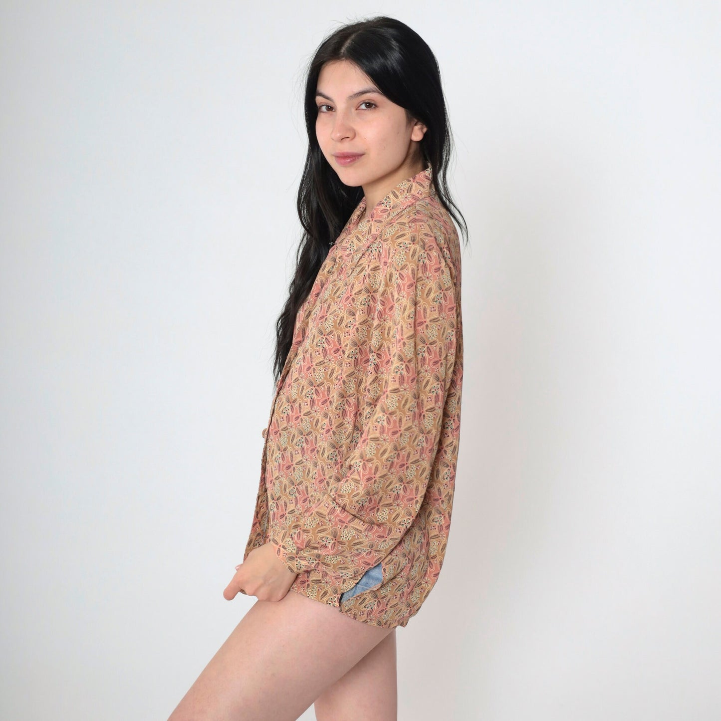 90s Tan Floral Abstract Button-Up Blouse Pink Pointed Collar Long Sleeve Medium