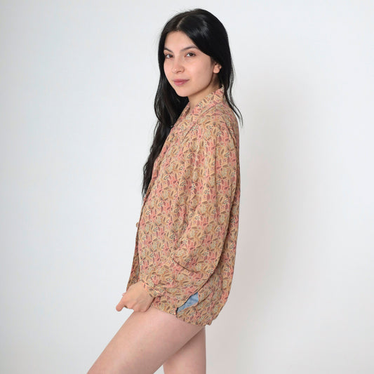 90s Tan Floral Abstract Button-Up Blouse Pink Pointed Collar Long Sleeve Medium