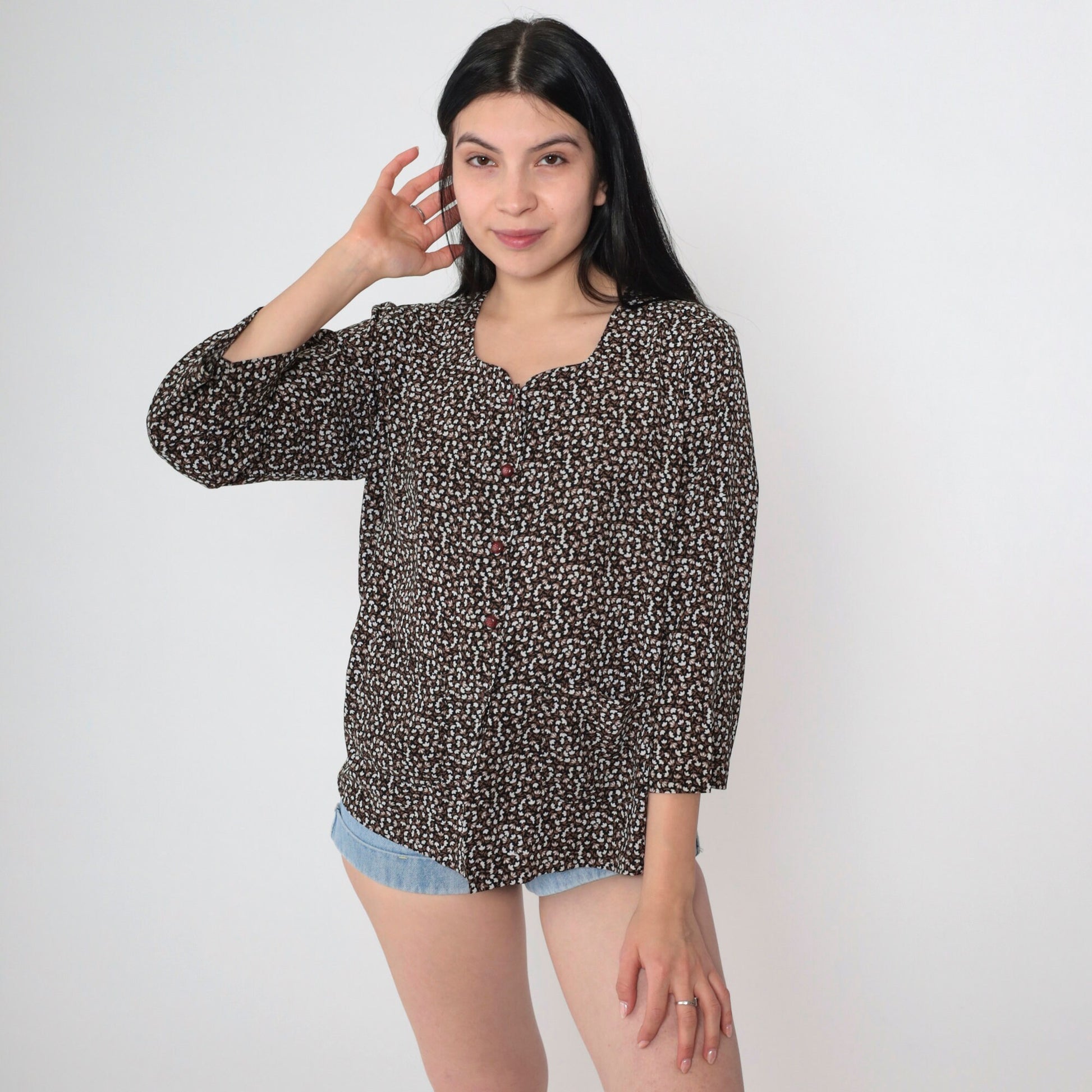 90s Calico Floral Button Up Blouse Black White Brown Ditsy Print 3/4 Sleeve Medium M