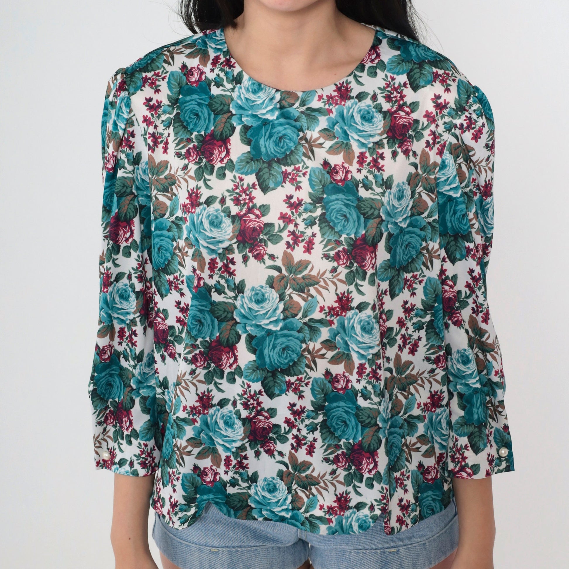 80s Whirlaway Frocks Floral Blouse Puff Sleeve Rose Print Turquoise Medium