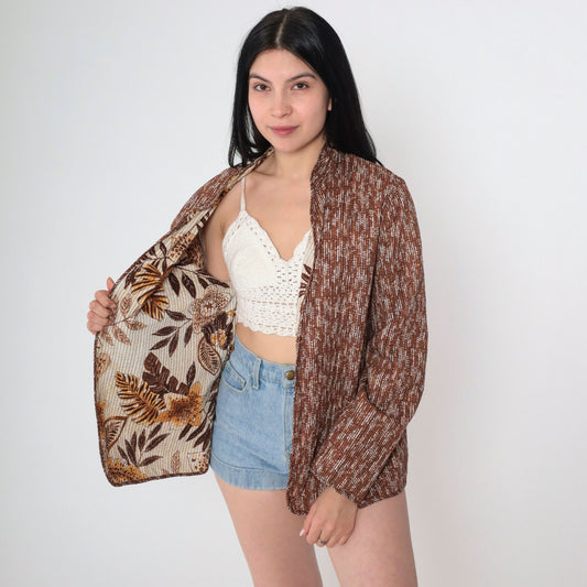 Y2K Reversible Tropical Leopard Floral Jacket Dot Print Mandarin Collar Medium M