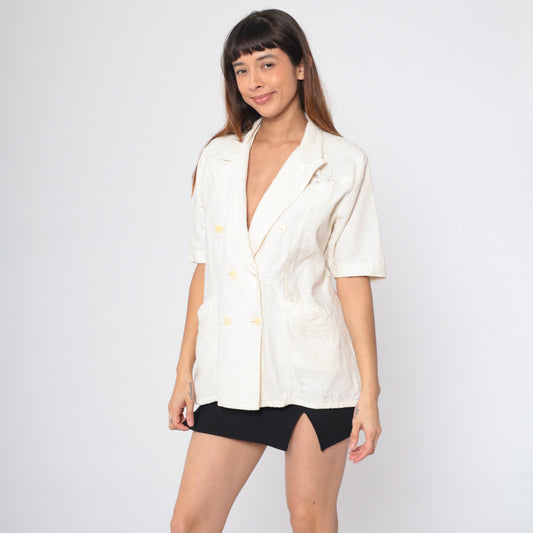 90s Cream Floral Embossed Double Breasted Button Up Blouse Short Sleeve Large