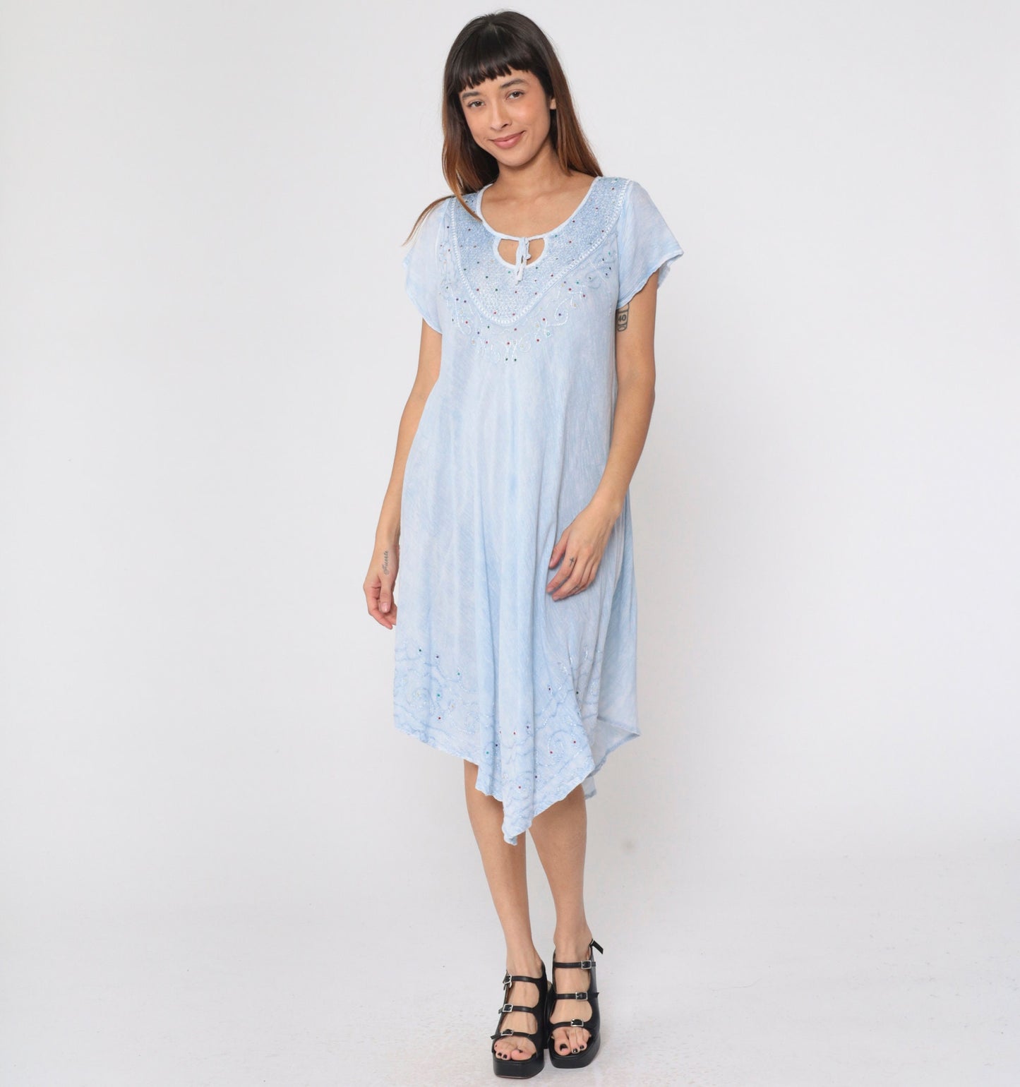 Y2K Tie Dye Baby Blue Midi Dress Rhinestone Embroidered Keyhole Neck