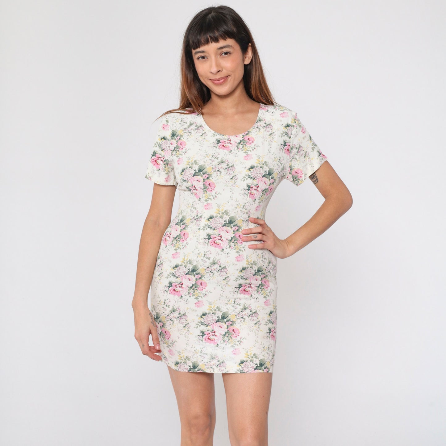 90s Cream Floral Mini Dress Rose Print Short Sleeve Pencil Extra Small XS