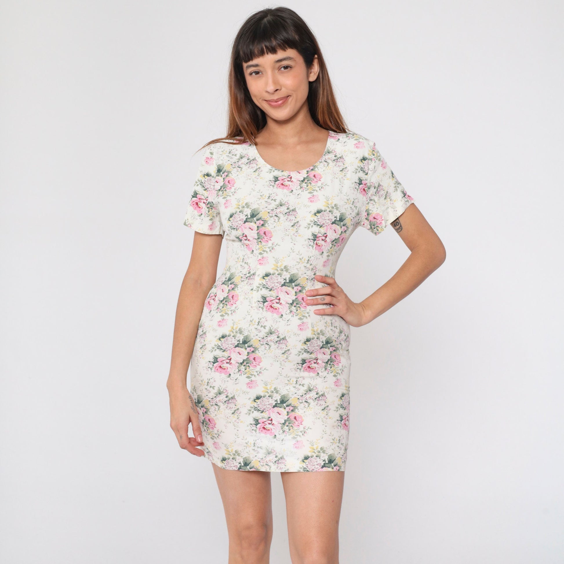 90s Cream Floral Mini Dress Rose Print Short Sleeve Pencil Extra Small XS