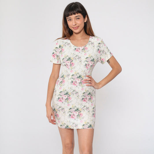 90s Cream Floral Mini Dress Rose Print Short Sleeve Pencil Extra Small XS