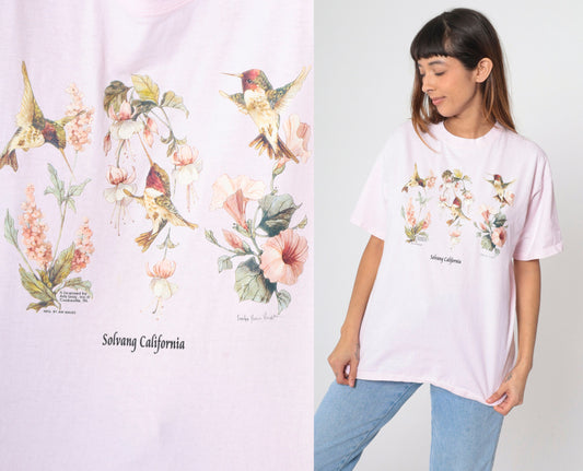 90s Solvang California Hummingbird Floral Graphic Tee Baby Pink Large L