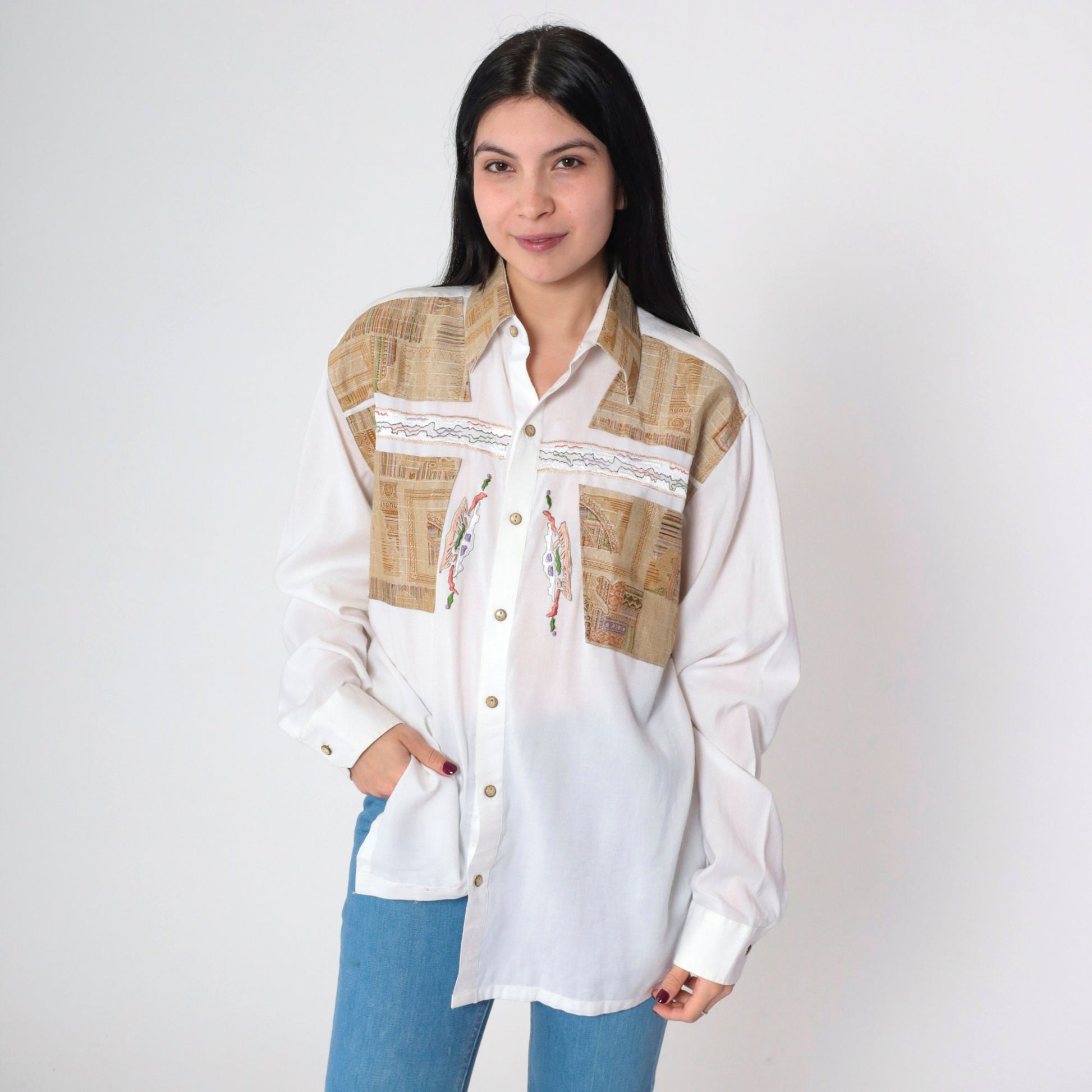 90s White Embroidered Button-Up Shirt Geometric Yoke Long Sleeve Large L