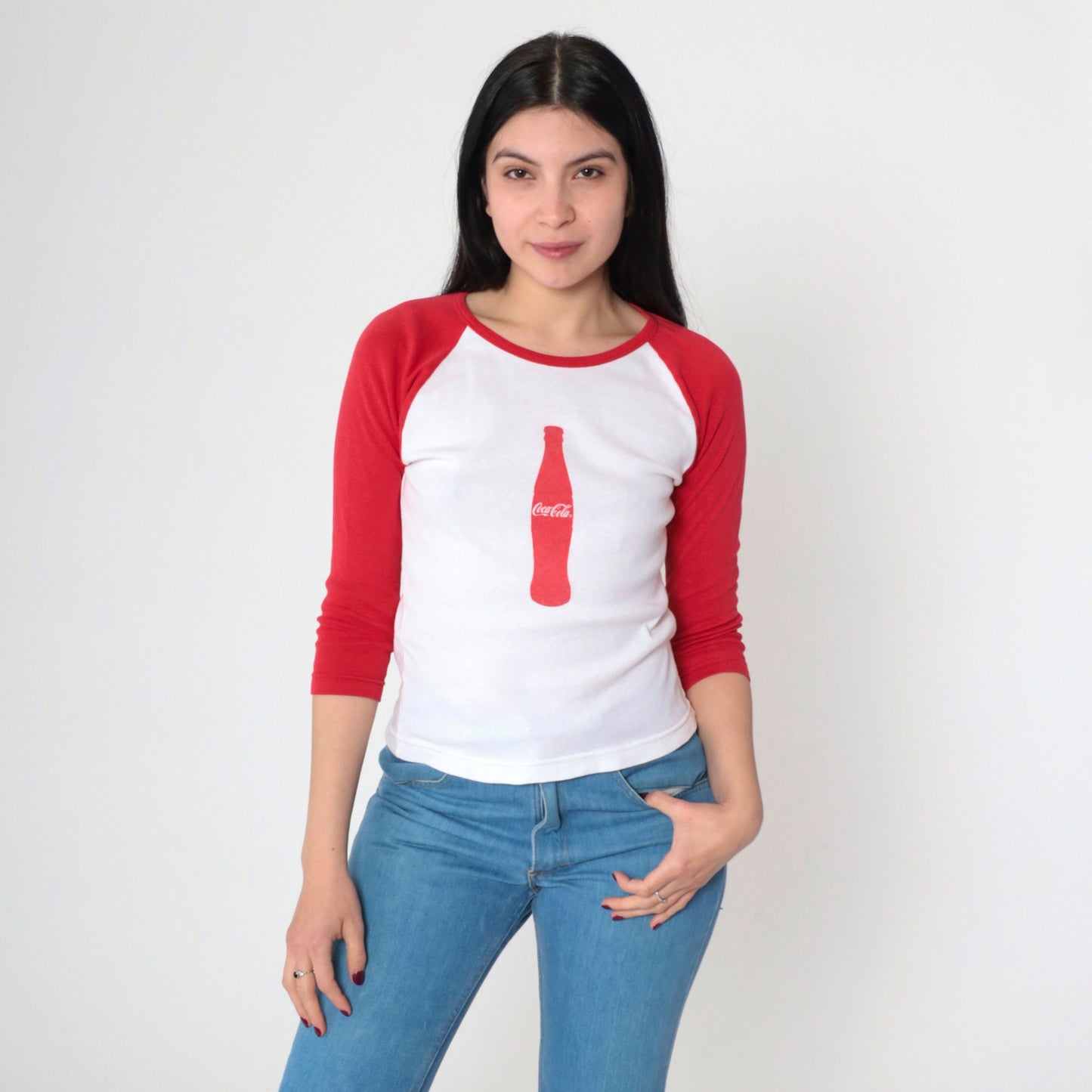 00s Coca-Cola Roberts Baseball Tee White Red Graphic Raglan Small S