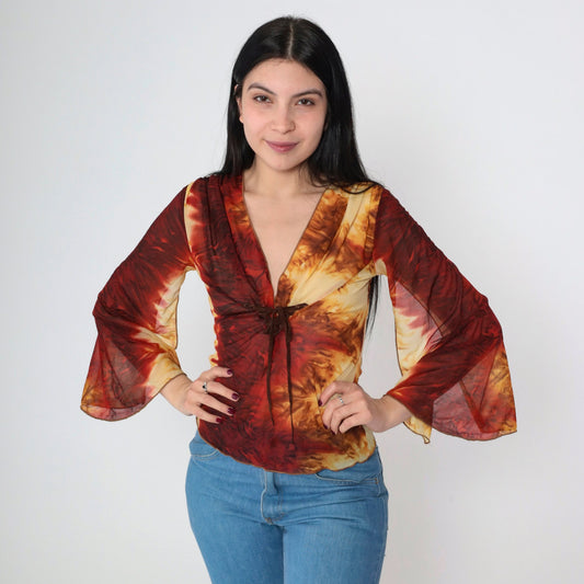 Y2K Tie Dye Mesh Lace Up Corset Blouse Bell Sleeve V Neck Small S