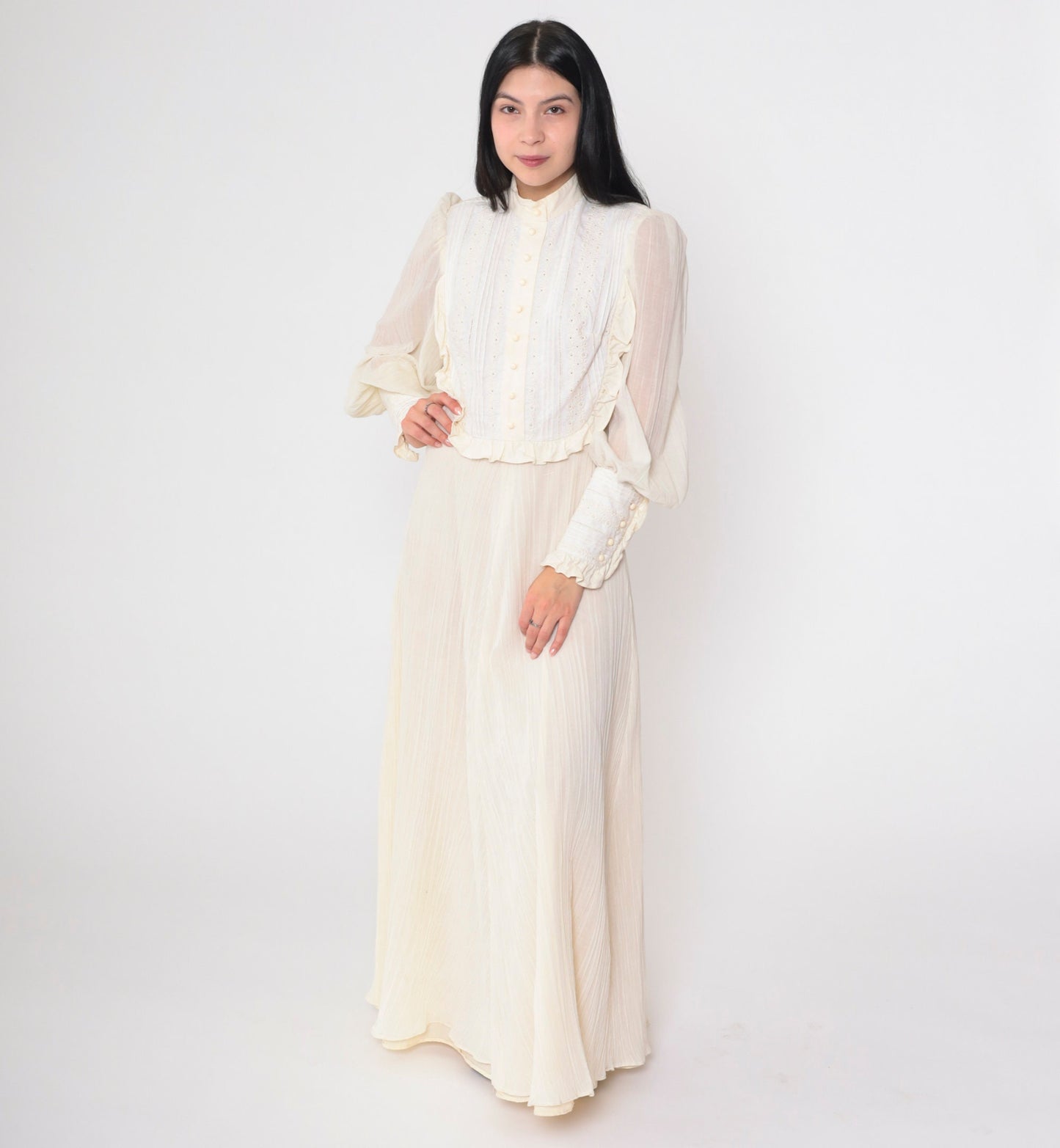 70s Miss K Cream Eyelet Maxi Dress Puff Sleeve Victorian Prairie Small