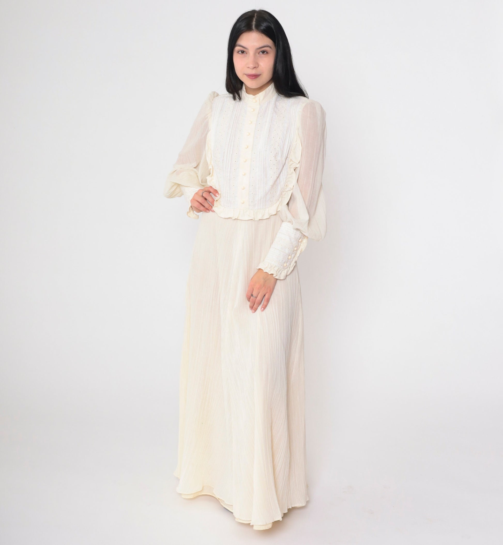 70s Miss K Cream Eyelet Maxi Dress Puff Sleeve Victorian Prairie Small