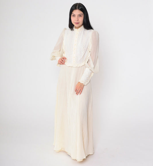 70s Miss K Cream Eyelet Maxi Dress Puff Sleeve Victorian Prairie Small