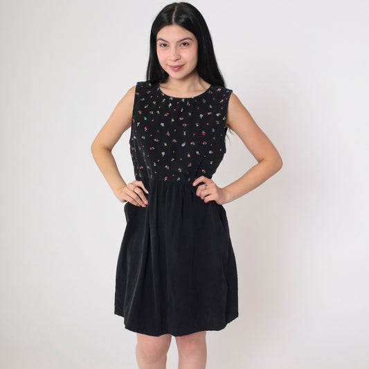 90s Black Corduroy Mini Dress Floral Embroidered High Waist Sleeveless Small