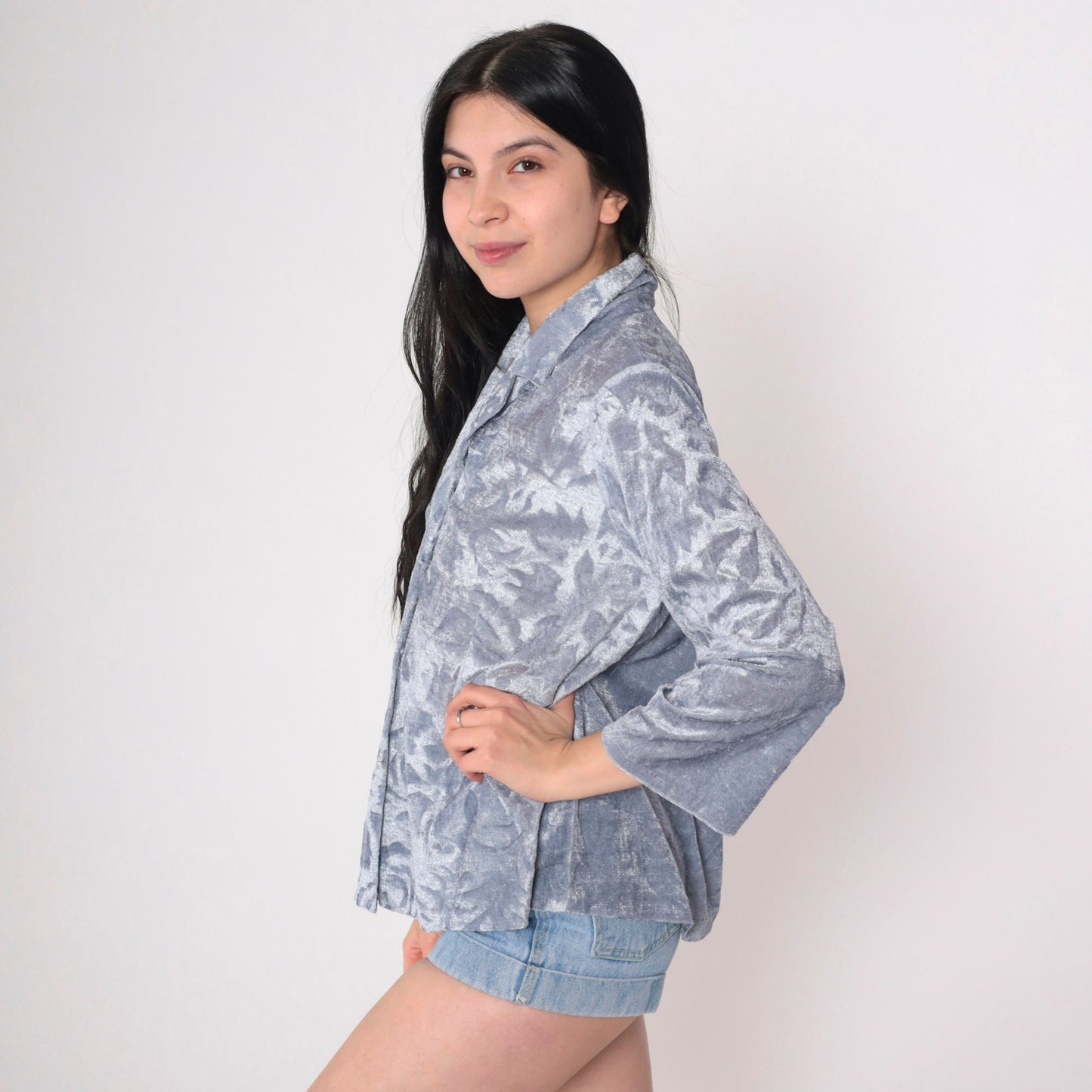 00s Floral Velour Button-Up Blouse Blue 3/4 Sleeve Collared Top Medium Large