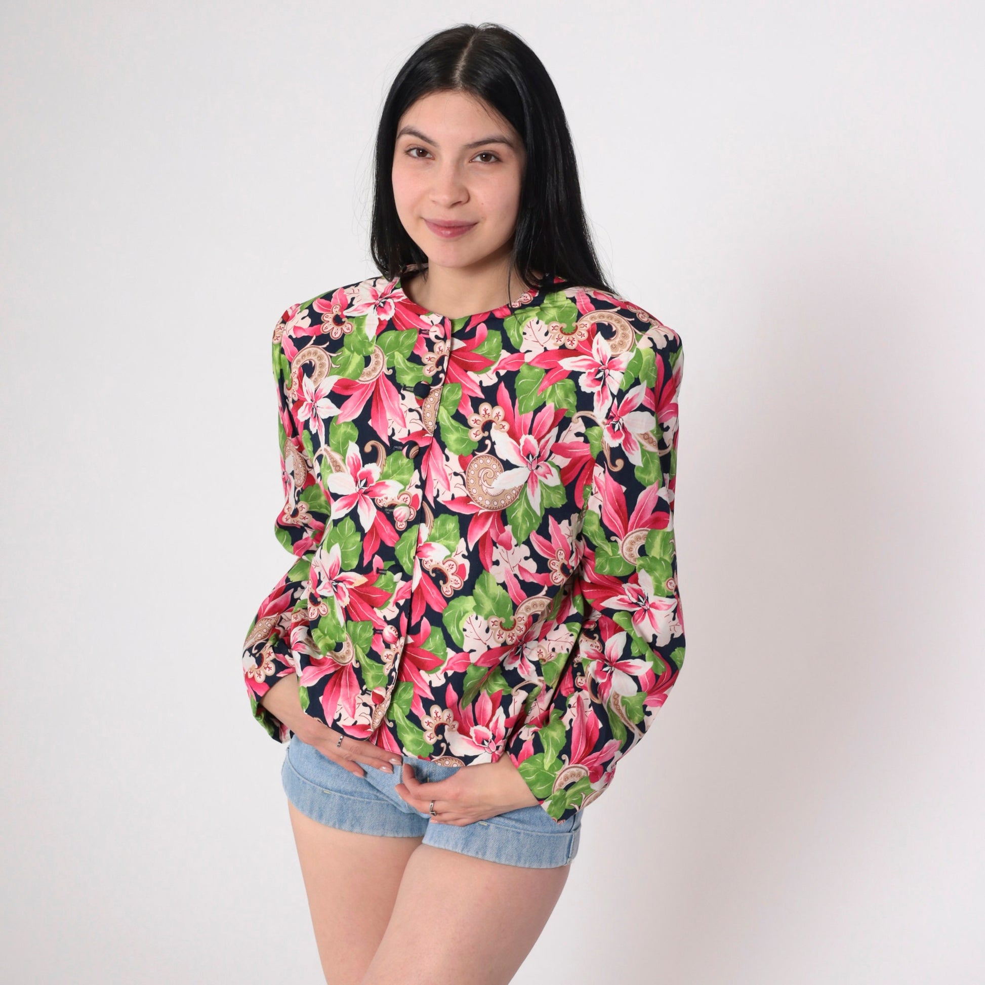 90s Evan Picone Floral Blazer Pink Green Rayon Jacket Large 12