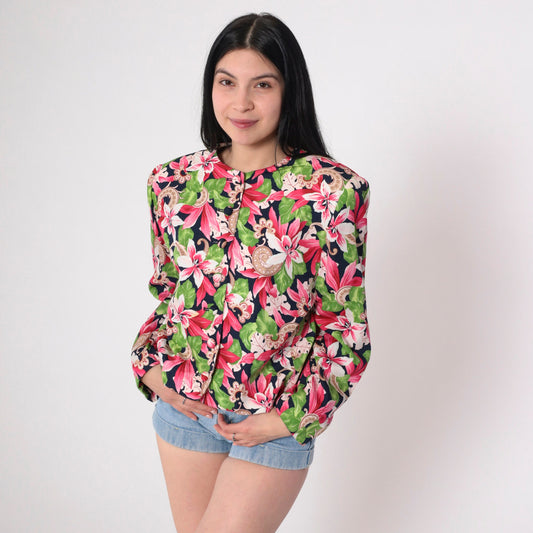 90s Evan Picone Floral Blazer Pink Green Rayon Jacket Large 12