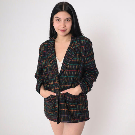 90s Black Checkered Blazer Rainbow Print Button-Up Jacket Large L