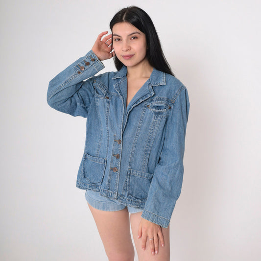 00s Bill Blass Denim Jacket Blue Cotton Button-Up Fitted Extra Large XXL