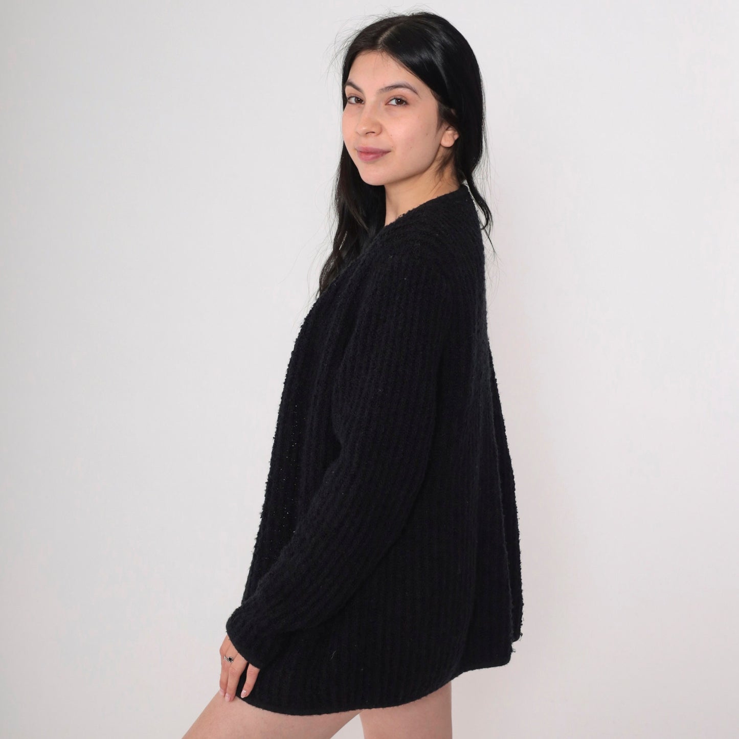 90s Black Ribbed Knit Cardigan Open Front Pockets Medium