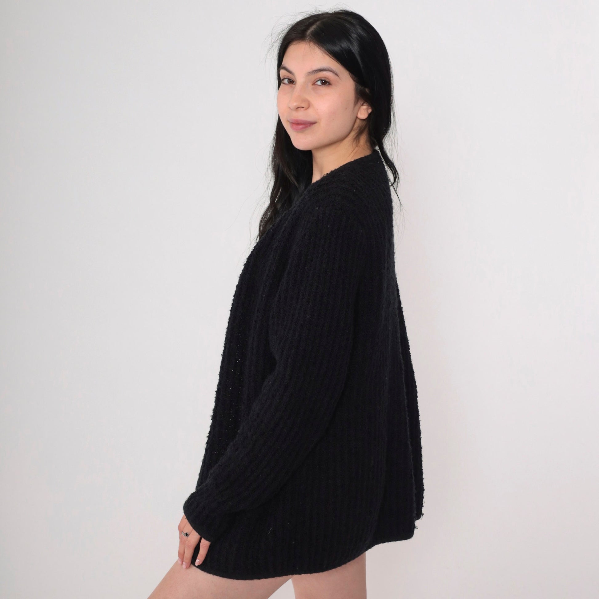 90s Black Ribbed Knit Cardigan Open Front Pockets Medium