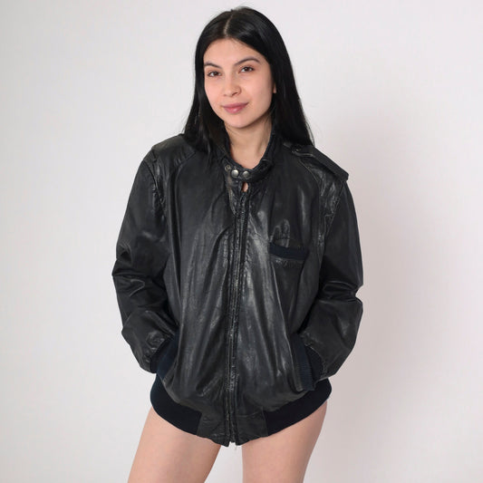 80s Cooper Black Leather Bomber Jacket Knit Cuffs Men's Large 42