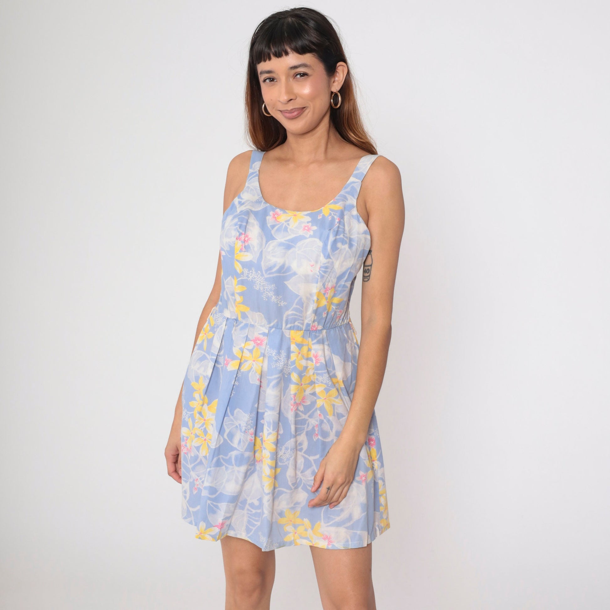 70s Periwinkle Floral Mini Sundress Smocked Tank High Waist Pleated Medium Large