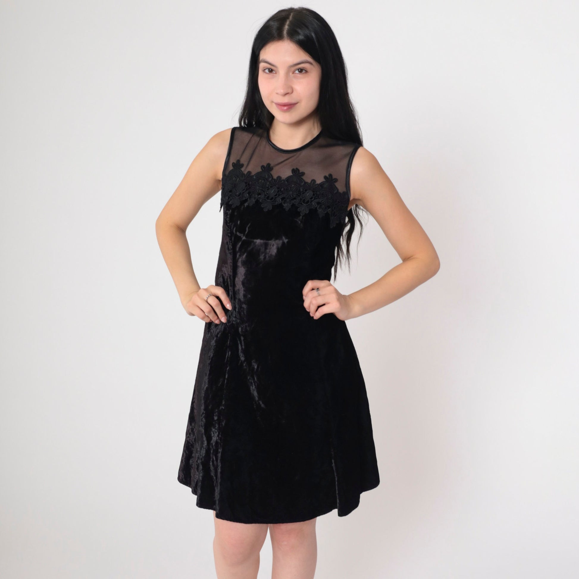 90s Scott McClintock Black Velvet Mini Dress Illusion Neckline Floral Lace Extra Small