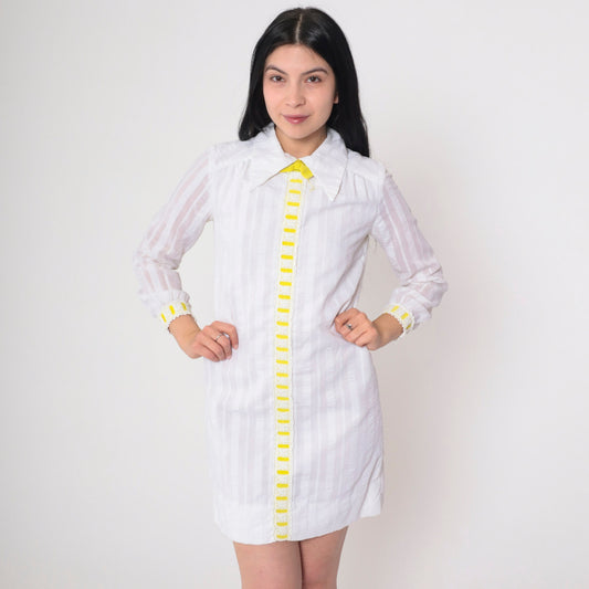 60s Mod Mini Dress White Eyelet Yellow Bow Tie Collar Long Sleeve Small