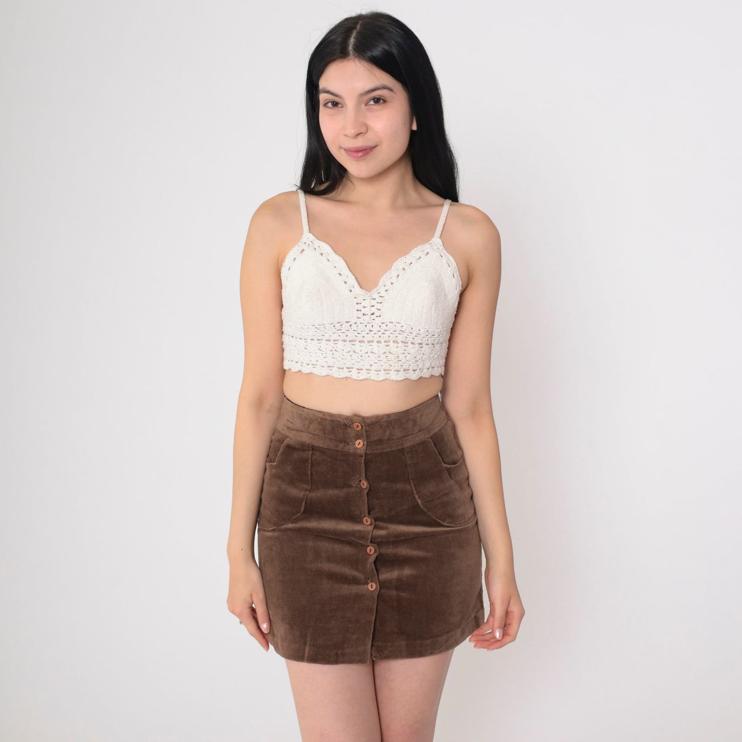 80s Brown Corduroy Mini Skirt High Waist Button Front Pencil Extra Small