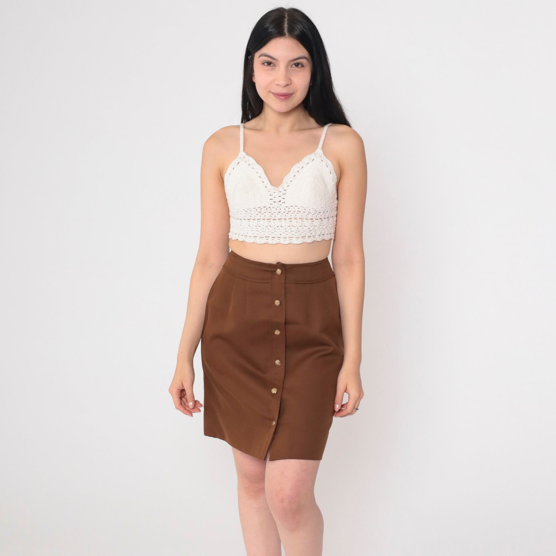 80s Brown Pleated Mini Skirt High Waist Button Front Extra Small