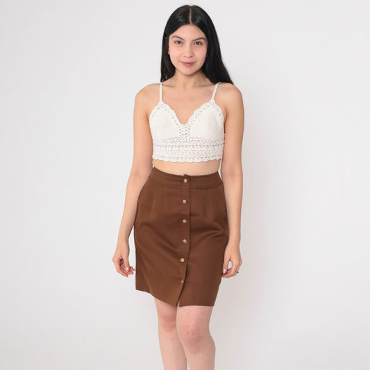 80s Brown Pleated Mini Skirt High Waist Button Front Extra Small
