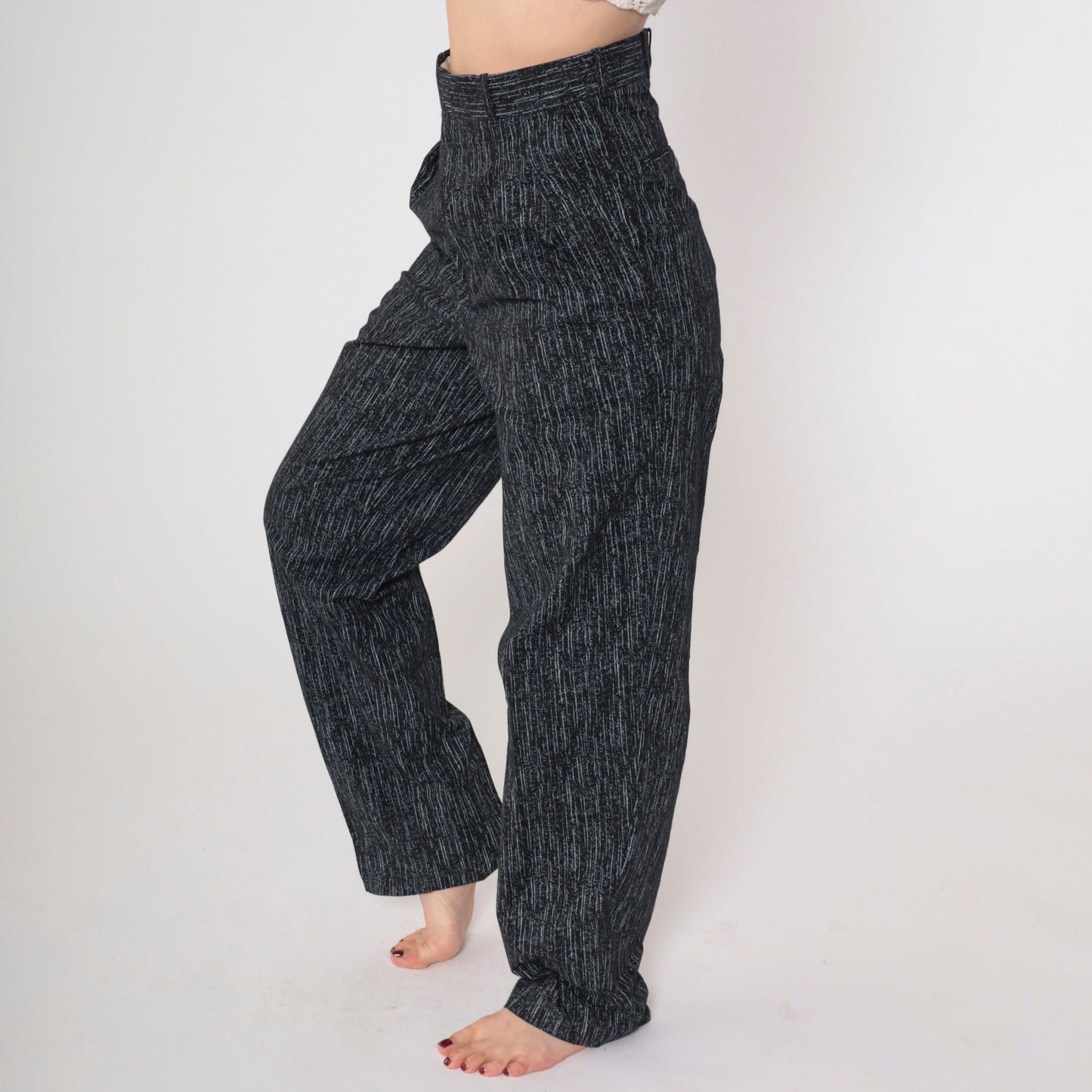 80s Striped Pleated Trousers High Waisted Tapered Black Grey Vertical Stripes Small