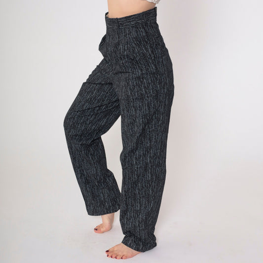 80s Striped Pleated Trousers High Waisted Tapered Black Grey Vertical Stripes Small