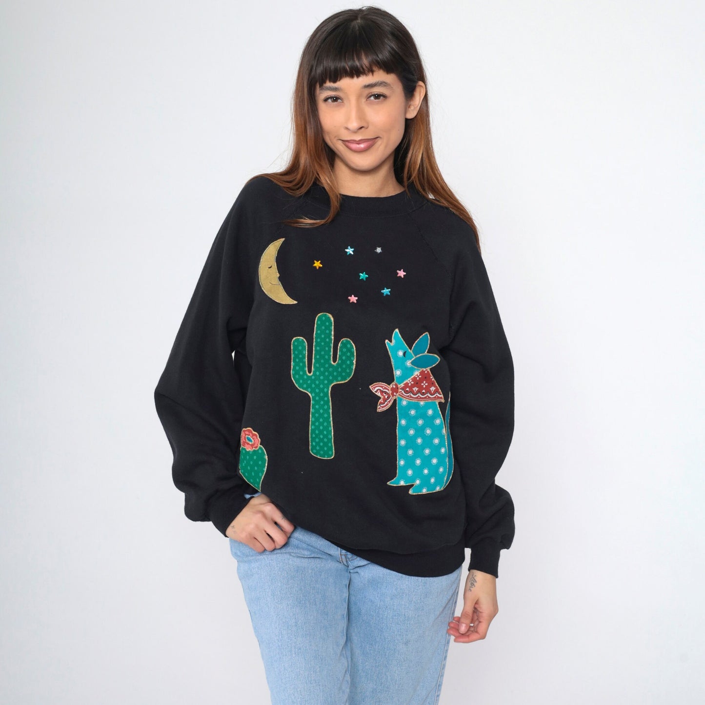 90s Southwest Black Sweatshirt Desert Coyote Cactus Moon Star Studs Raglan Large