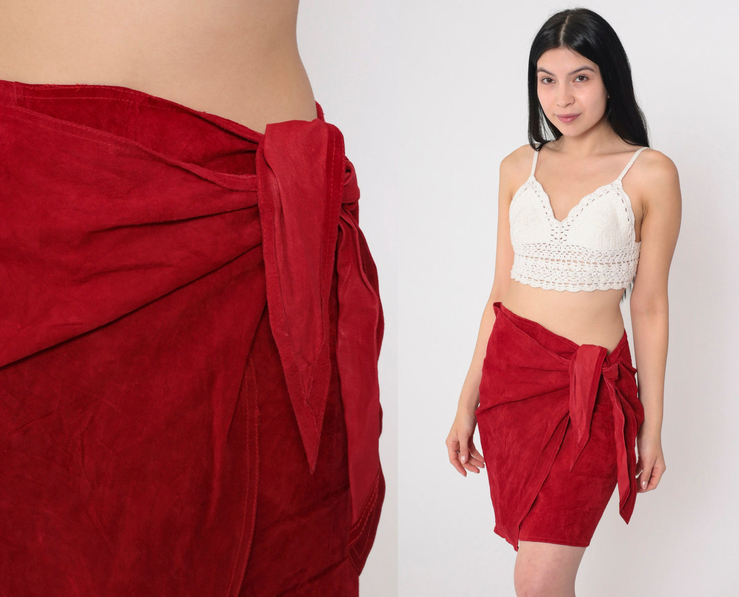 80s Red Suede Wrap Mini Skirt High Waisted Leather Small Medium