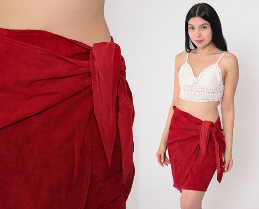 80s Red Suede Wrap Mini Skirt High Waisted Leather Small Medium