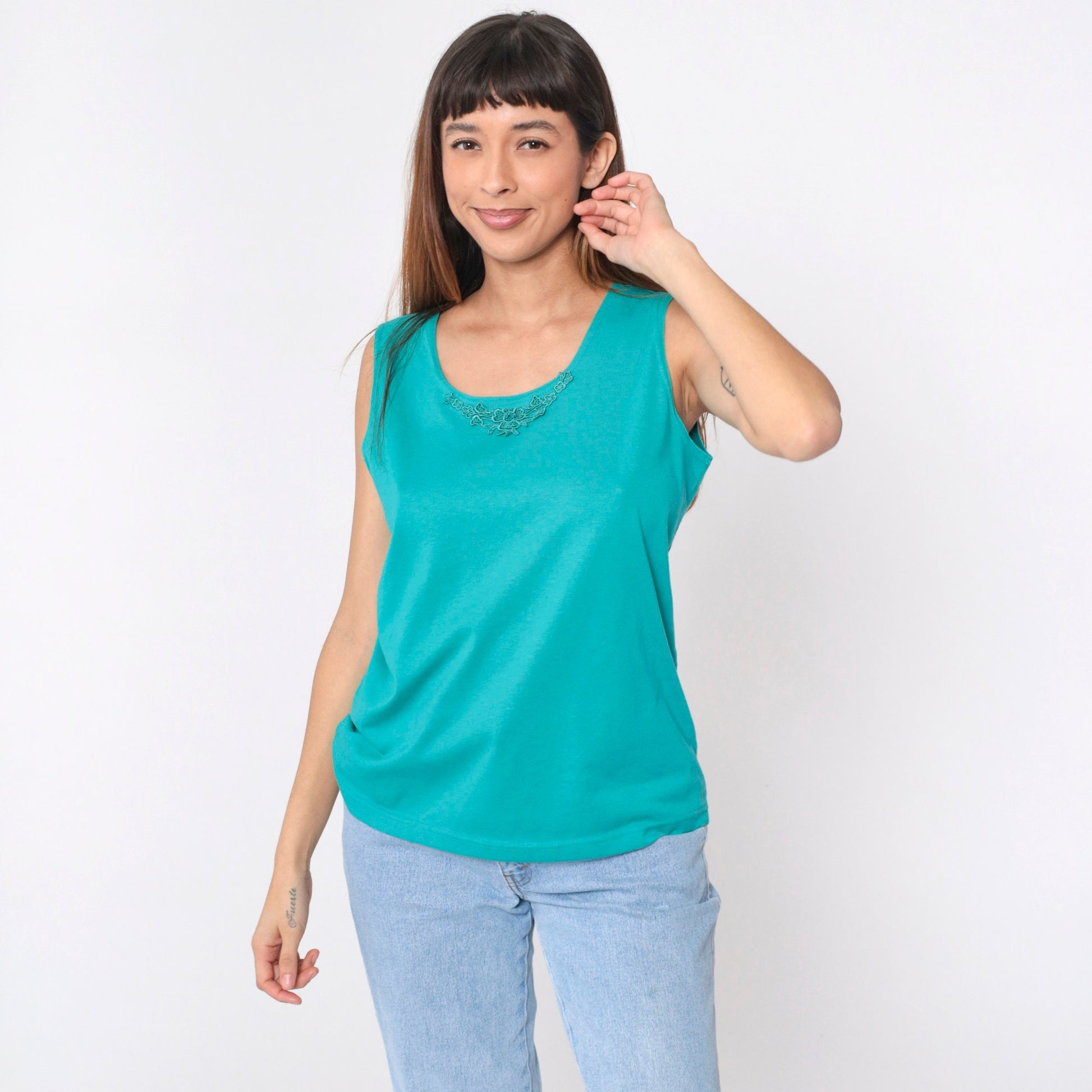 90s Teal Tank Top Floral Lace Trim Sleeveless Blouse Medium