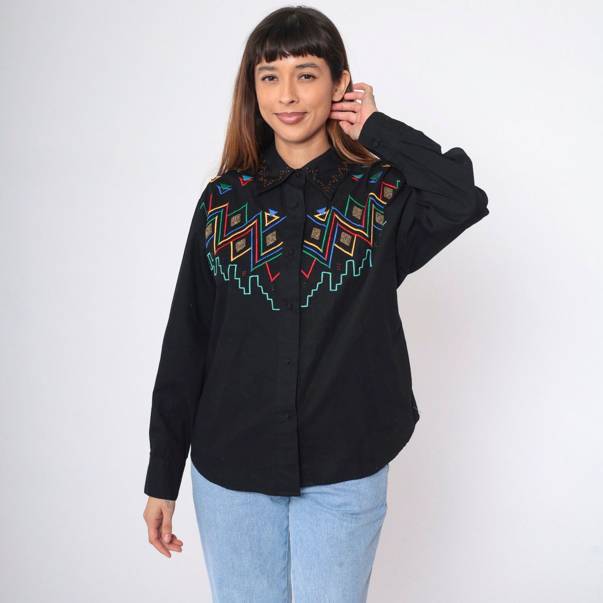 90s Southwest Embroidered Beaded Black Cotton Button Up Blouse Large L