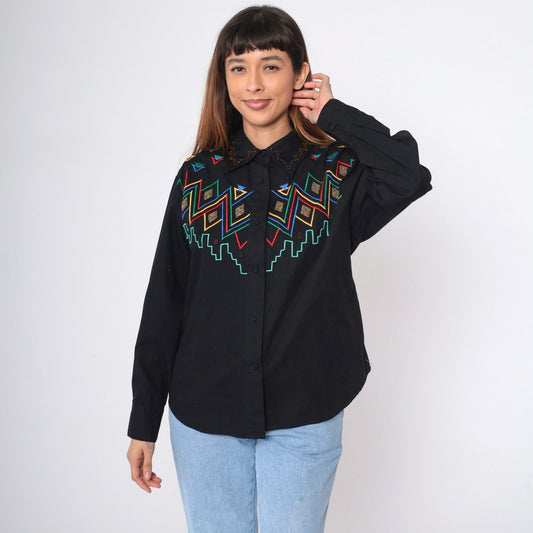 90s Southwest Embroidered Beaded Black Cotton Button Up Blouse Large L