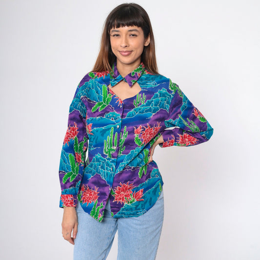 90s Southwestern Cactus Keyhole Blouse Button Up Long Sleeve Blue Purple Medium