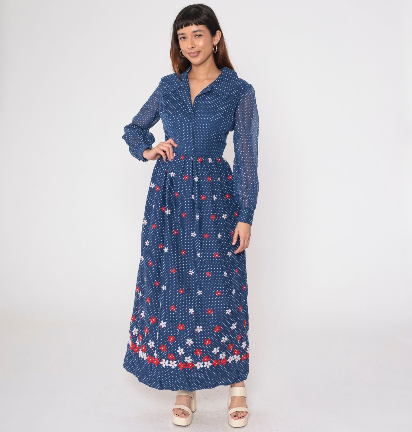 70s Blue Polka Dot Maxi Dress Floral Embroidered High Waist Sheer Sleeve Small