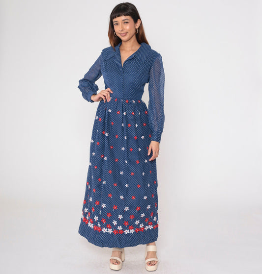 70s Blue Polka Dot Maxi Dress Floral Embroidered High Waist Sheer Sleeve Small