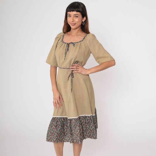 70s Floral Peasant Dress Olive Brown Midi Keyhole Bow Tie Waist Medium